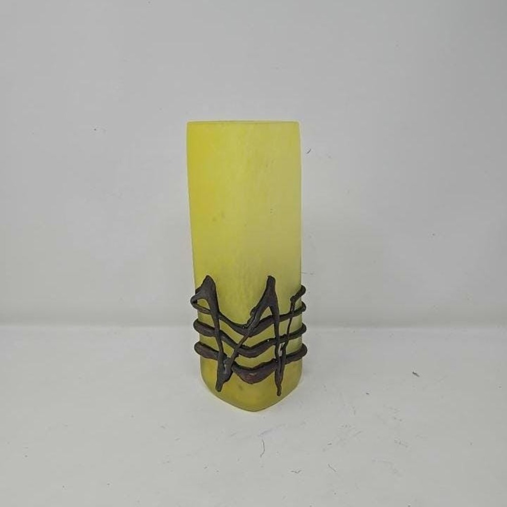 Vtg Germany romblast vase frosted yellow glass w/bronze‎ metal art art nouveau